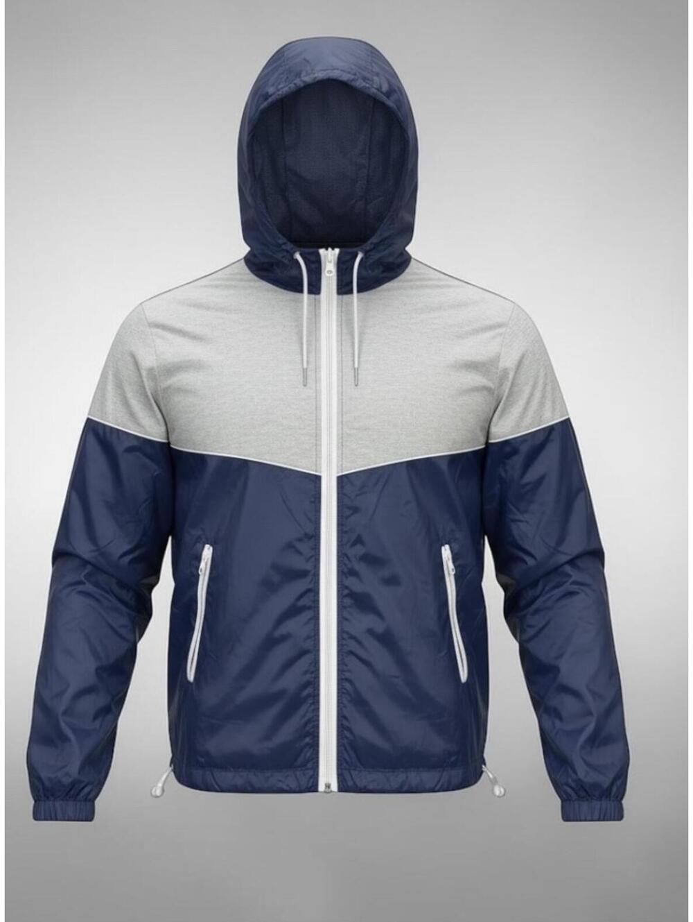 Men's Lightweight Hooded Windbreaker Jacket - Navy and Gray